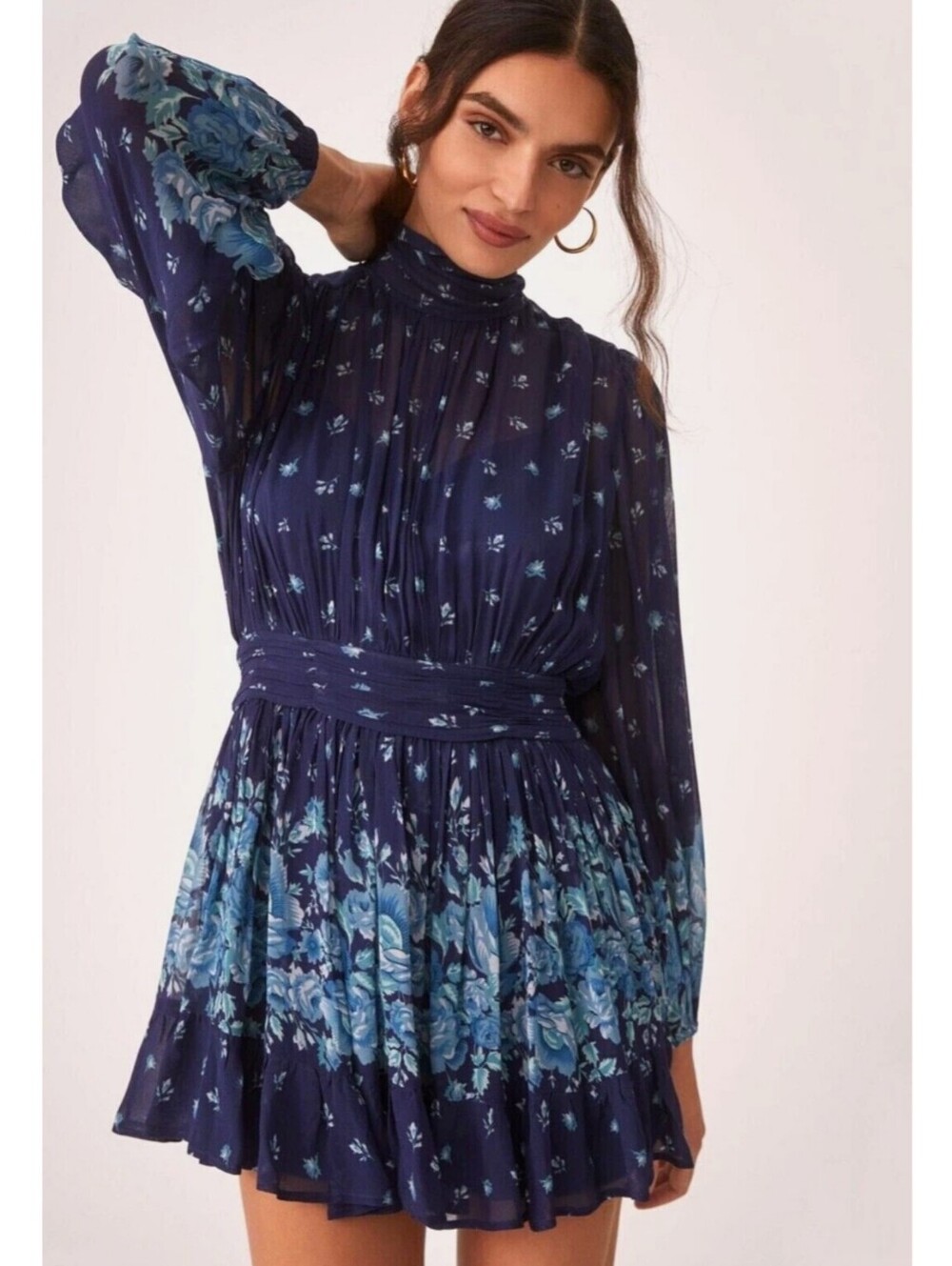 Anthropologie Letmebe navy blue chiffon mini dress with blue floral print